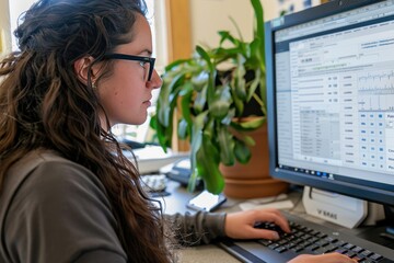 Aufkleber - A young woman works intently at her computer, analyzing data in a cozy office filled with greenery during a bright afternoon
