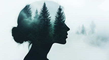 A silhouette of a woman's profile with an overlay of a foggy forest, symbolizing the clarity and understanding achieved through cognitive behavioral therapy.