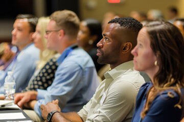 Poster - A professional speaker engages an attentive audience during an informative presentation held in a modern conference room