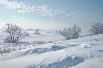 Poster - Snow-covered hills stretch across the landscape under a clear blue sky, creating a serene winter scene in a peaceful, rural area
