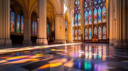 Wall Mural - Sunlight filters through intricate stained glass windows of a cathedral, illuminating the interior and creating a stunning display of colors on the polished marble floor