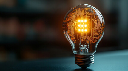 glowing light bulb with a circuit board inside, symbolizing the fusion of technology and innovation. The vibrant light highlights the integration of electronics in modern ideas