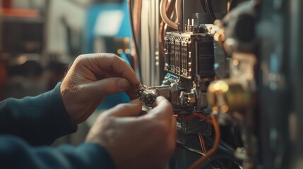 A technician is focused on repairing a complex electrical control panel, utilizing various tools to ensure the equipment functions correctly in a well-lit workshop