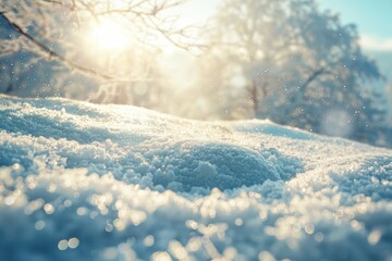 Poster - A close-up view of glistening snowflakes on a tranquil winter morning with sunlight shimmering through the trees, creating a magical atmosphere