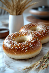 Two bagels with sesame seeds on top, with wheat stalks beside them, on a light background.