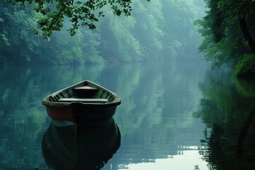 Poster - A tranquil wooden boat floats quietly on a misty river surrounded by lush greenery during the early morning hours