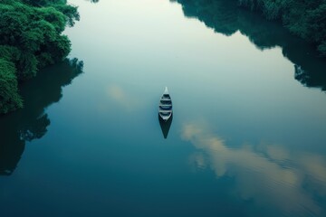 Poster - A tranquil wooden boat floats quietly on a misty river surrounded by lush greenery during the early morning hours