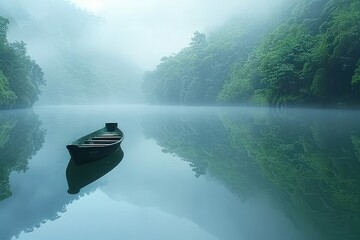 Poster - A tranquil wooden boat floats quietly on a misty river surrounded by lush greenery during the early morning hours
