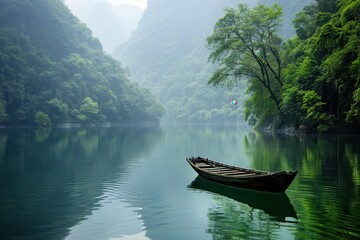 Poster - A tranquil wooden boat floats quietly on a misty river surrounded by lush greenery during the early morning hours