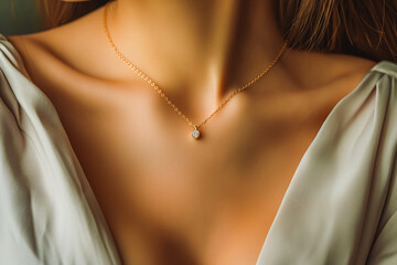 delicate golden necklace with a sapphire pendant worn by a model closeup isolated on black background