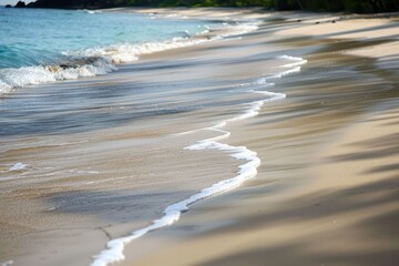 Poster - Gentle waves lap against the sandy shore of a tranquil beach during a sunny afternoon in a tropical paradise