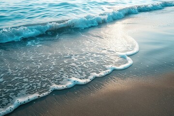 Poster - Gentle waves lap against the sandy shore of a tranquil beach during a sunny afternoon in a tropical paradise