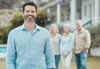 Poster - Happy man, confident and portrait at backyard with family to relax in outdoor garden together. Face, insurance and proud husband by house for real estate property with people or children in Australia