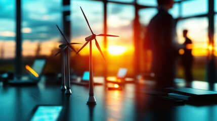 Investors, engineers in a meeting, standing, discussing windmill turbine energy power generation and wind power. wind turbine power farm model, for alternative electricity source, green energy concept