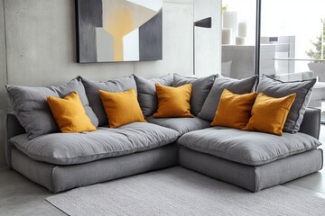 Wall Mural - Modern Gray Sectional Sofa with Yellow Pillows, Minimalist Living Room Interior Design.