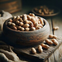 Delicious peanuts on an old wooden plate