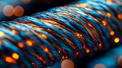 Canvas Print - A close-up of a coiled string of warm white fairy lights, with a blue and copper wire.