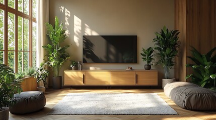 Modern living room with large windows, wooden floor, and a TV on a wooden stand. There are plants and two poufs in the room.