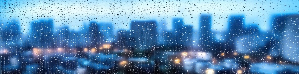 cityscape, rainy day, skyscrapers in the distance, raindrops on glass window, cloudy sky, urban environment, soft focus, melancholic atmosphere, blue tones, modern architecture
