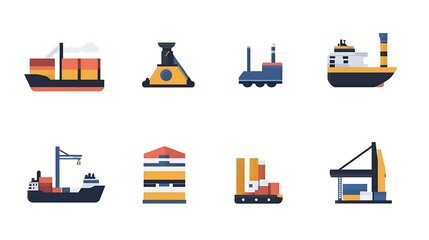 Heavy industry icon set with symbols for shipping, mining, and production lines, using strong geometric shapes and minimalistic design