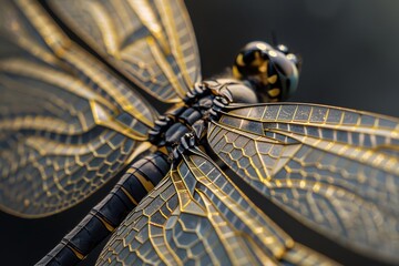 Poster - A close-up of a dragonfly showcasing its intricate, iridescent wings while perched on a slender stalk against a softly blurred background in natural light