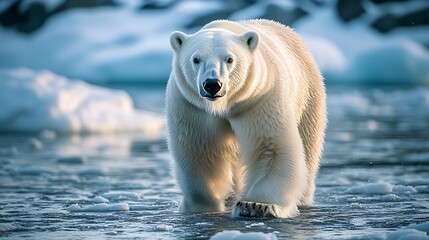 Wall Mural - a polar bear walks across a frozen arctic landscape, looking directly at the camera.