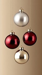 Sticker - Four shiny holiday ornaments in red, silver, and gold dangle gracefully, reflecting light and creating a warm, inviting atmosphere during the festive season