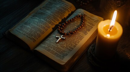 A candle casts a warm glow over an open bible and a rosary, creating an atmosphere of serenity and contemplation in the evening light