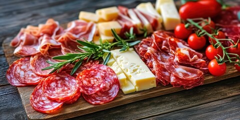 Wall Mural - charcuterie board with slices of cured meats, variety of cheeses, cherry tomatoes, fresh herbs, close-up shot, vibrant colors, rustic wooden table, soft focused background with greenery, natural light