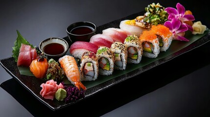 Wall Mural - An exquisite platter showcases an array of sushi varieties, including rolls, sashimi, and garnishes, beautifully arranged on a sleek black surface