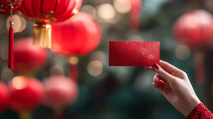 Wall Mural - hand holds a red envelope, symbolizing prosperity and good luck for Chinese New Year. The envelope's blank space signifies new opportunities and blessings for the coming year