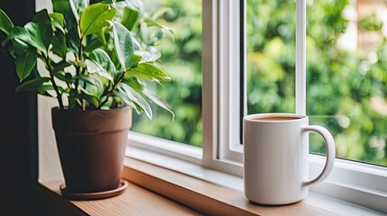 Morning sunlight streams through a wooden window, illuminating a yellow mug resting on a rustic wooden ledge while rain softly patters against the glass.