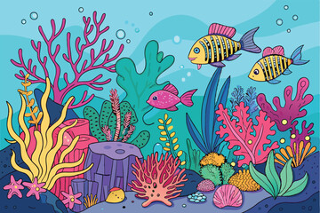 Poster - Colorful underwater scene depicting vibrant corals and various fish swimming in a lively marine habitat filled with diverse plant life