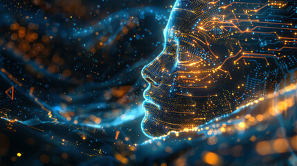 Poster - digital representation of a human face with glowing circuitry set against a dark background, showcas