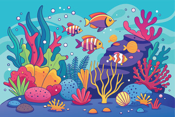 Poster - Colorful underwater scene depicting vibrant corals and various fish swimming in a lively marine habitat filled with diverse plant life