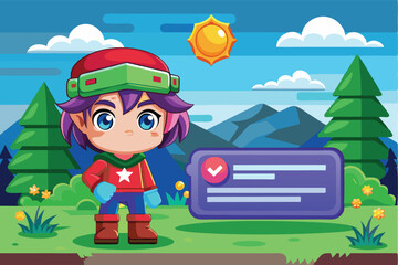 Poster - A colorful fantasy character stands on a grassy platform surrounded by trees while interacting with a game interface on a bright day in a whimsical landscape