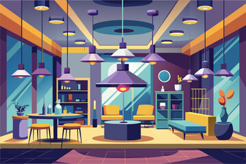 Poster - Modern interior design of a vibrant living space featuring colorful furniture and stylish lighting in a contemporary setting with large windows and decorative plants