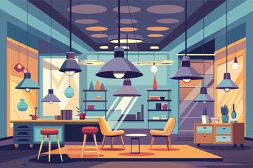 Poster - Modern interior design of a vibrant living space featuring colorful furniture and stylish lighting in a contemporary setting with large windows and decorative plants