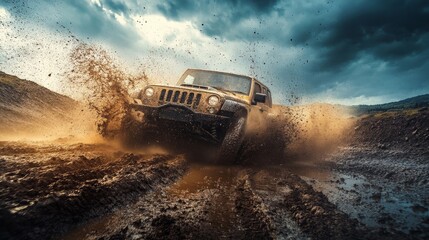 A four-wheel drive vehicle navigates a muddy track, sending splashes of dirt and water into the air, surrounded by hills under an overcast sky