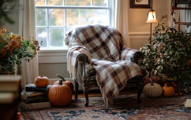 Cozy corner in a living room featuring an armchair, plaid throw, pumpkins, and warm lighting for a perfect fall atmosphere