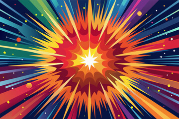 Poster - A vibrant explosion of color radiating outward with dynamic starbursts and cosmic elements in a fantastical night sky