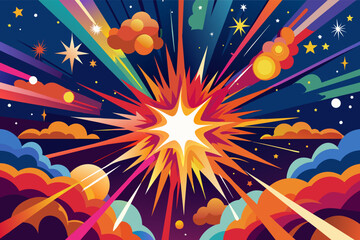 Poster - A vibrant explosion of color radiating outward with dynamic starbursts and cosmic elements in a fantastical night sky