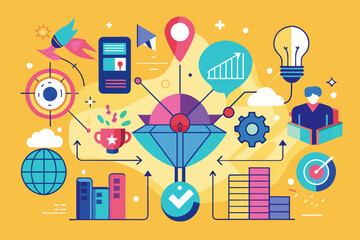 Poster - A vibrant illustration depicting various elements of creativity and innovation, showcasing light bulbs, nature, charts, and diverse icons against a teal background