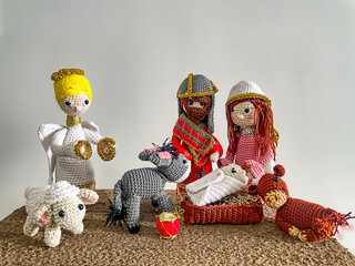 Beautiful Christmas scene in crochet of the birth of Jesus.