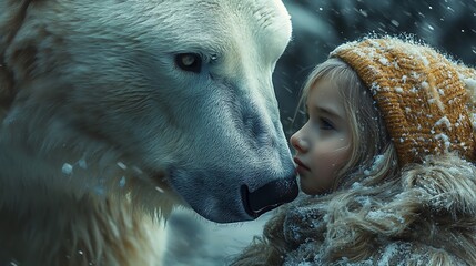 Wall Mural - A young girl gazes into the eyes of a polar bear, snow falling around them.