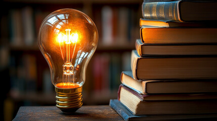 glowing light bulb illuminates against a blurred book, symbolizing clarity, insight, and inspiration emerging from knowledge