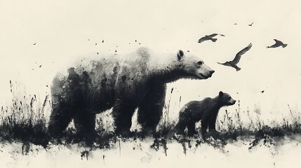 Wall Mural - A mother polar bear and her cub stand in a field of tall grass, watching birds fly overhead. The image is in black and white, giving it a timeless and classic feel.