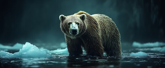 Wall Mural - a large brown bear stands in a shallow body of water with ice floes in the background.