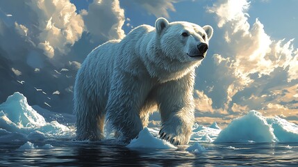 Wall Mural - a majestic polar bear stands on an ice floe in the arctic ocean, bathed in the golden light of the s