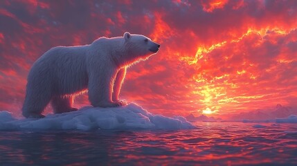 Wall Mural - A majestic polar bear stands on an ice floe, watching the sunset cast a fiery glow over the Arctic landscape.